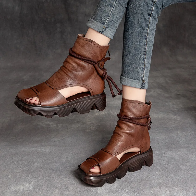 

Retro handmade Roman sandals top layer cowhide wedge platform platform women's shoes high-top sandals