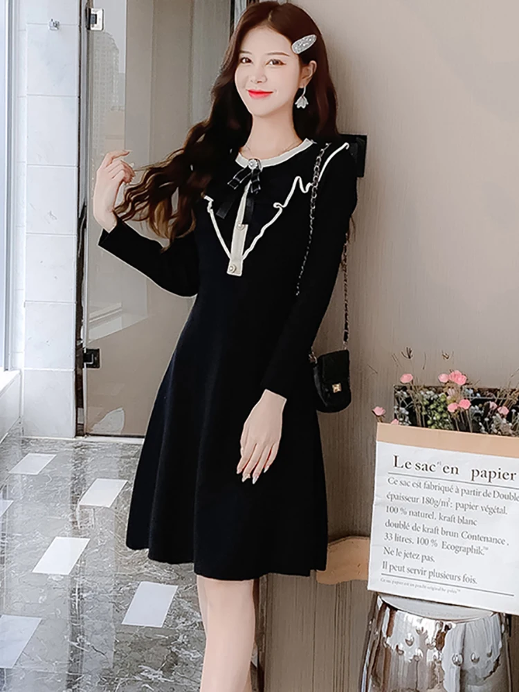 

Новинка 2023, черные вязаные шерстяные пуловеры, женские шикарные свитера с оборками и кукольным воротником, осенне-зимние белые корейские эл...