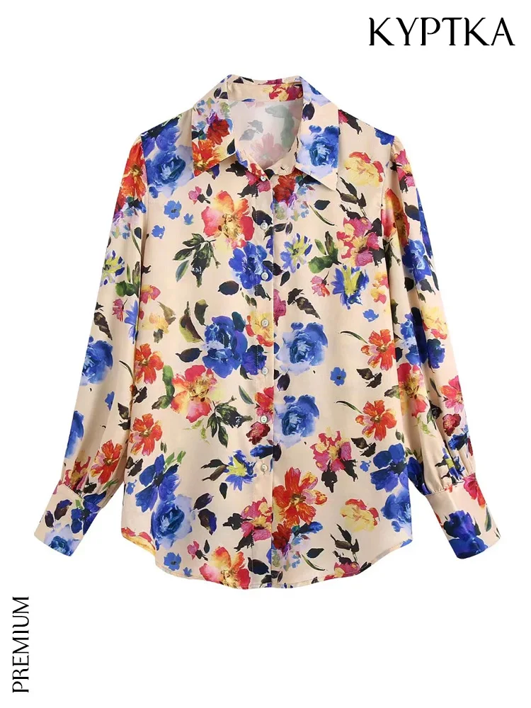 KYPTKA Women Fashion Flowing Floral Print Shirts Vintage Long Sleeve Button-up Female Blouses Blusas Chic Tops