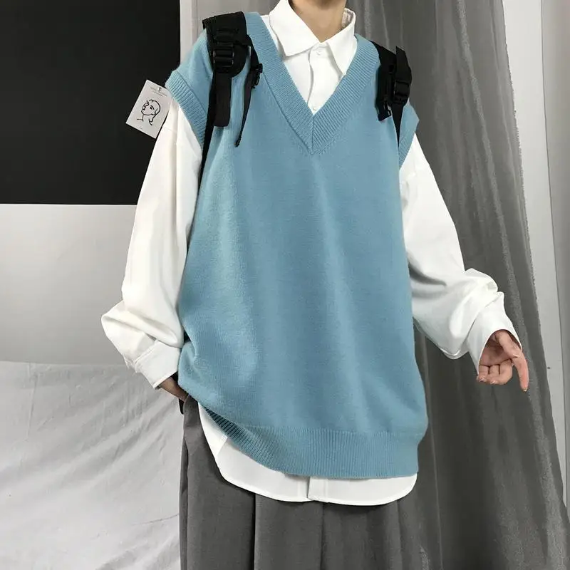 Sweater Vest Men V-neck Solid Color All-match Design Baggy Teens Knitting Japanese Design Retro College Fashion Sweater Vest G60