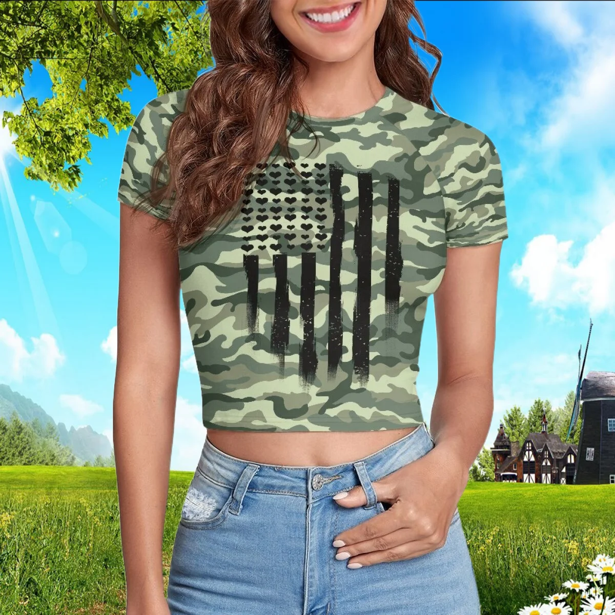 

Камуфляжный кроп-топ с принтом флага США Doginthehole, Детская футболка, уличная одежда, футболка с коротким рукавом, в стиле панк, винтажный, готи...