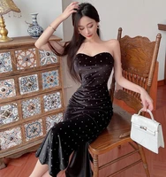 2022 new ladies tube top dress skirt temperament commuter velvet sparkling hot diamond medium temperament split dress