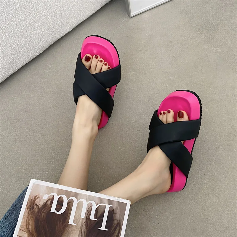 

Shoes Woman 2023Female Slippers Luxury Slides Platform Med New Soft Flat Designer Summer PU Rubber Casual Fashion Cross-tied
