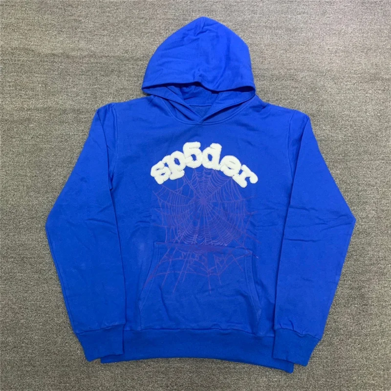 

2023ss Sp5der 555555 Hoodie Men Women 1:1 Best Quality Foam Printing Spider Web Hooded Young Thug Pullover Blue