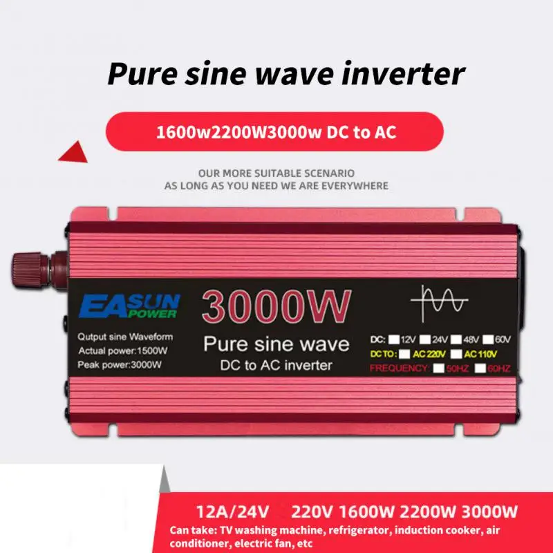 

Pure Sine Wave Inverter 12V To 220V 1000W/1600W/2200W/3000W DC To AC Voltage Converter Transformer Emergency Solar Car Inverters