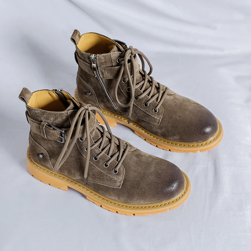 Мужские ботильоны на толстой подошве черные кожаные мотоциклетные ботинки