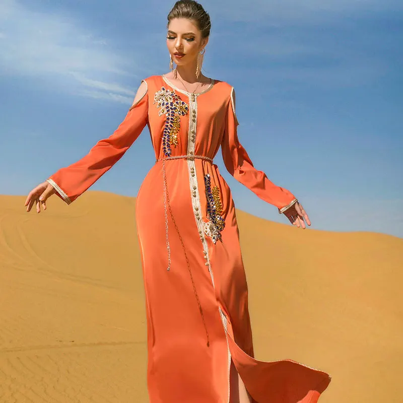 Длинные платья Caftan ручной работы со стразами, арабские вечерние марокканские кафтан для женщин с поясом, мусульманский Дубай, саудовская аб...