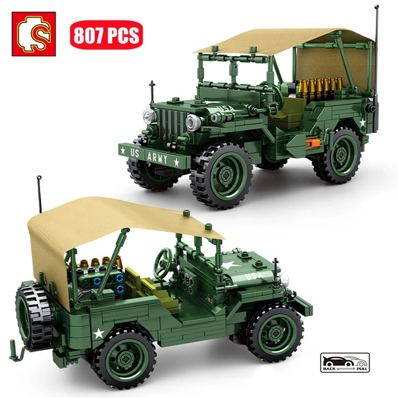 

SEMBO WW2 Military Technical Cars Set German Willis M38 Artillery Gun Building Blocks MOC Troops Vehicle Bricks DIY Toys For Boy
