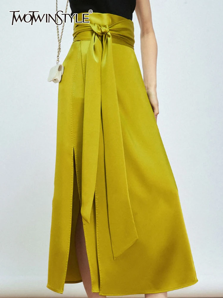 

Женская Юбка-миди TWOTWINSTYLE, однотонная повседневная юбка-трапеция с высокой талией и разрезом сбоку