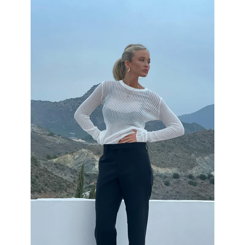 

Модные белые элегантные полосатые прозрачные женские топы, наряды с длинным рукавом, Женская облегающая Клубная одежда