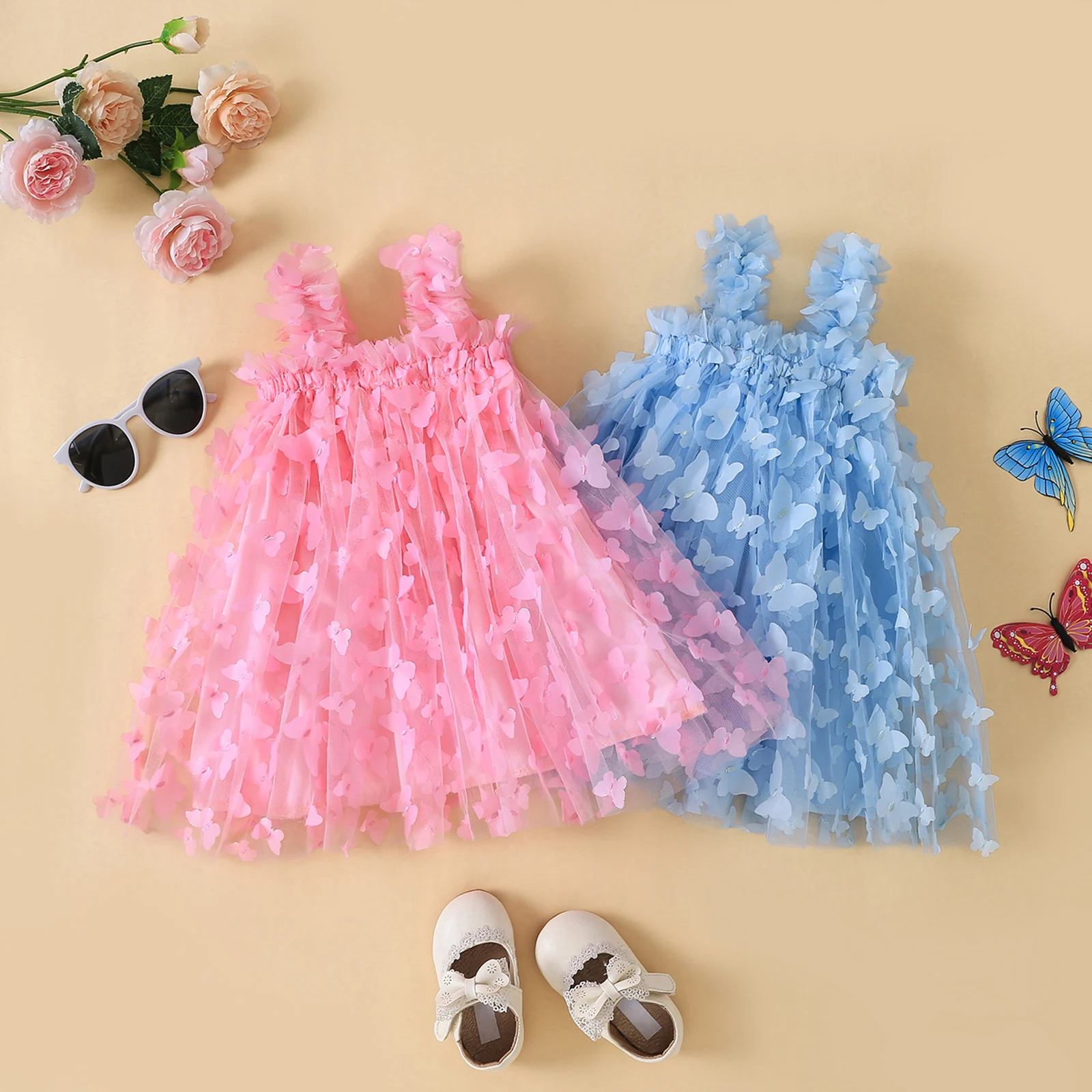 

Mildsown Baby Girl Princess Mesh Dresses Butterfly Wing Floral Sleeveless Strap Tulle Layered A-line Dress Summer Casual Clothes