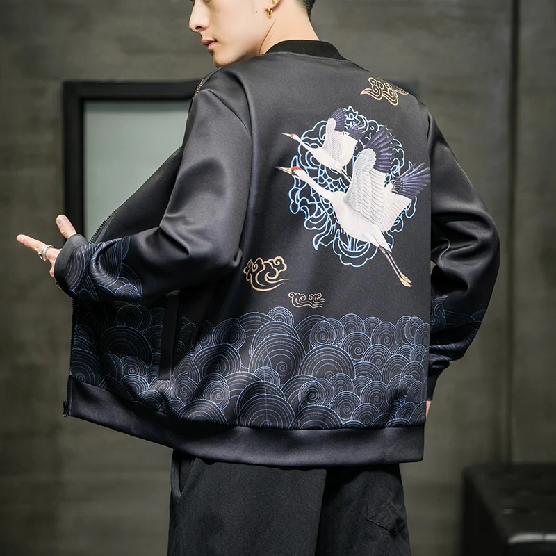 

MrGB Crane Chinese Style Graphic Men's Fashion Jacket 2022 New Vintage Oversize Men Coat Casual Dragon Loose Brand Men Clothing