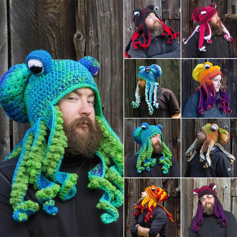 

Novelty Handmade Funny Tentacle Octopus Hat Crochet Cthulhu Beard Beanie Men's Women's Knit Wind Mask Cap Halloween Animal Gift