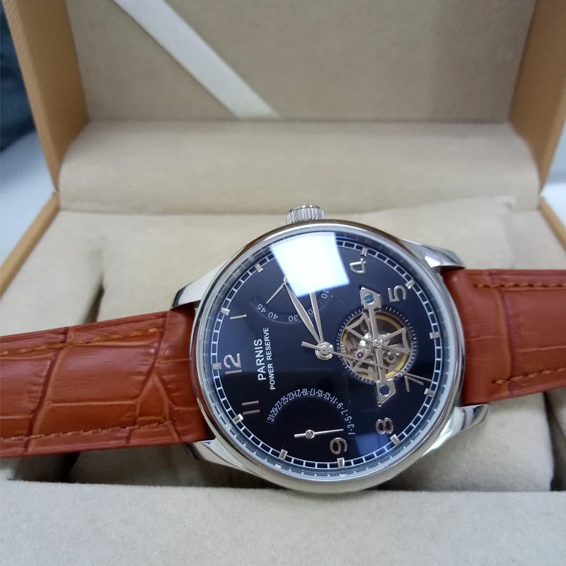

Fashion Parnis 43mm Tourbillon Black Dial Men's Mechanical Watch Power Reserve Leather Strap Automatic Watches reloj hombre 2022