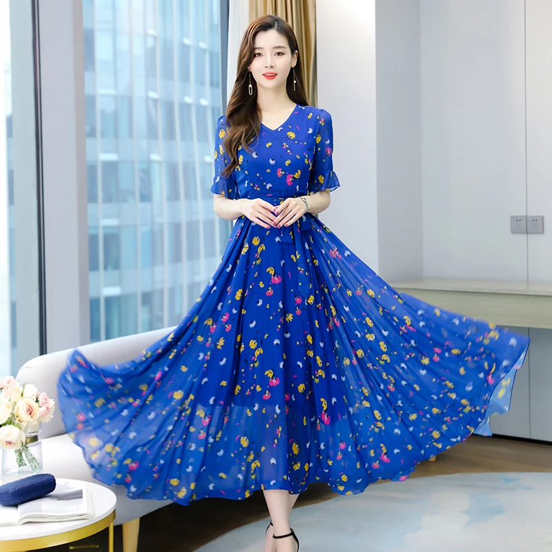 

2022 Blue Chiffon Print Boho Beach Maxi Sundress Summer Casual V-neck Short Sleeve Long Dress Women Bodycon Nigth Party Vestidos