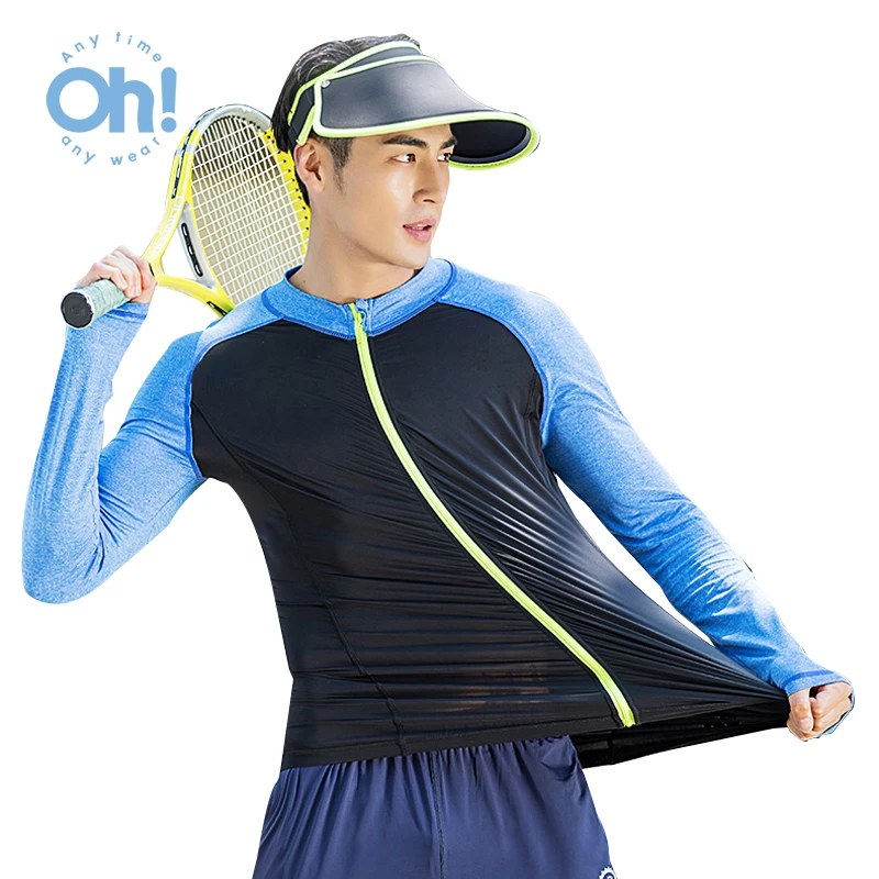 OhSunny Swimsuit Men's Rash Guard Long Sleeve Patchwork Anti-UV UPF50+ Sports Gym Tights Surfing Shirts Diving Tops Quick Dry