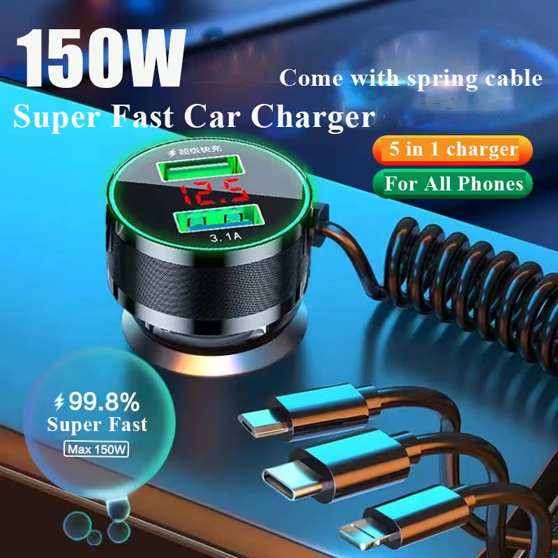 150W Car Usb Charger 3.0 Quick Charge with Cable 3 in 1 and LCD for iPhone 13 12 11 Pro max iPad Xiaomi Samsung Mobile Phones