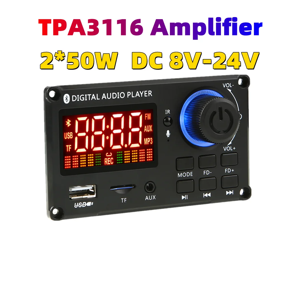 

TPA 3116 2*50W Amplifier Decoder Board 12V Bluetooth 5.0 Car FM Radio Module Support TF USB AUX wav/wma decoder board