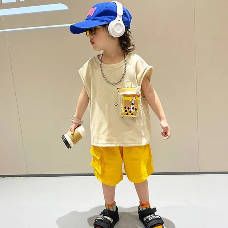 

Boys' 2023 Summer New Suit Three-Dimensional Milk Tea Sleeveless Vest Kid Sports Casual Shorts Handsome Children Clothes