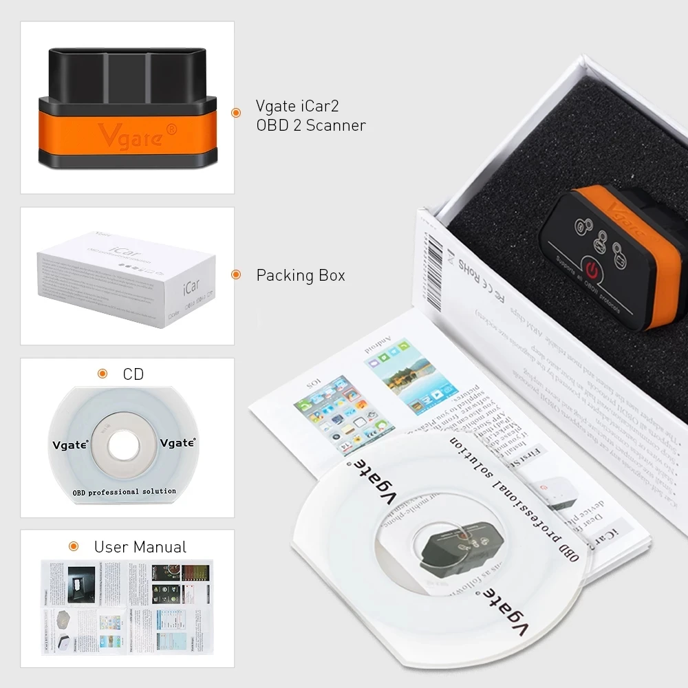 Vgate iCar2 obd2 bluetooth сканер ELM327 V2.2 obd 2 wifi icar Автомобильные инструменты elm 327 для android/ПК/IOS