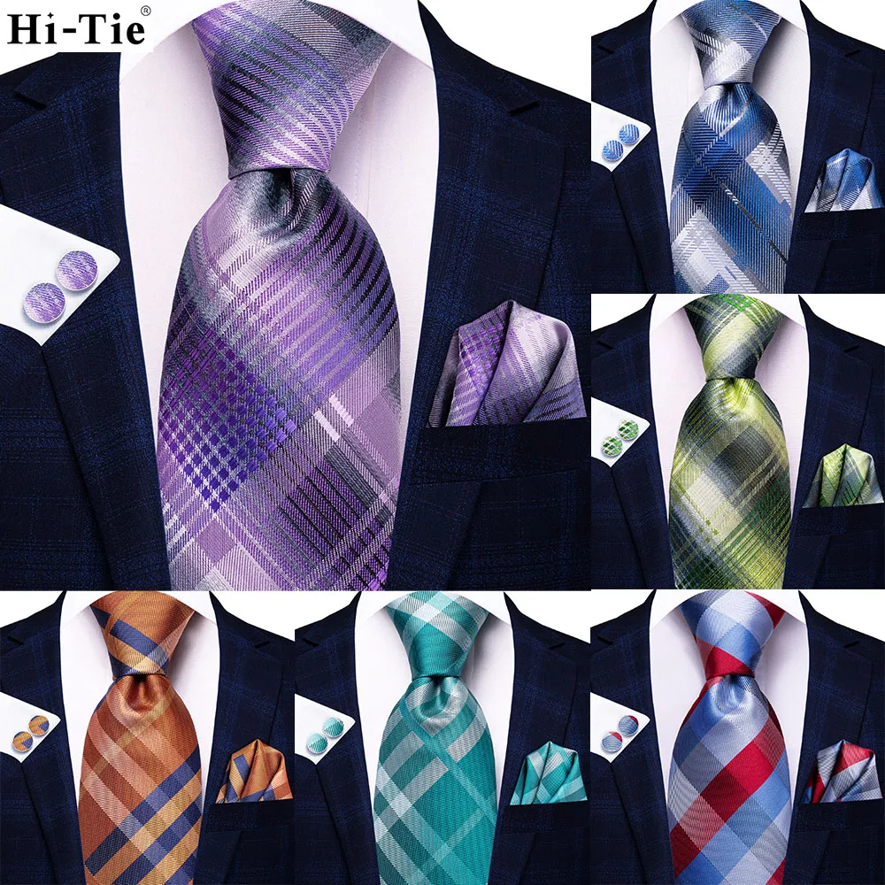 

2022 Plaid Light Purple Mens Tie Hanky Cufflinks Set Silk Necktie For Men Wedding Party Business Hi-Tie Fashion Brand Dropship
