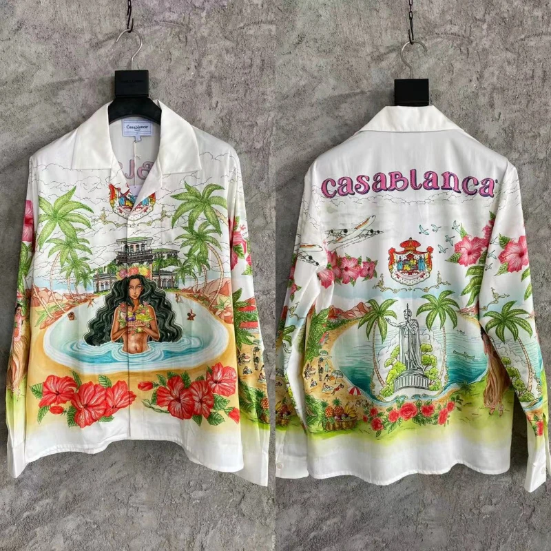 

High quality CASABLANCA Hawaii Long Sleeve Silk Shirt Oasis Island Lazy leisure Scenery