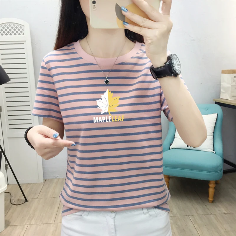 Pure Cotton Stripe Short sleeve T-shirt Women 2024 Summer New Western Sle Fashionable Print Plus size Wide Loose Shoulder F...