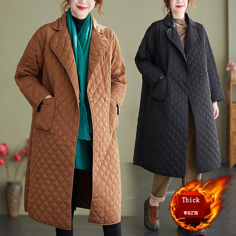 Women's new parka winter ladies rhombus design retro age-reducing mid-length long-sleeved loose cotton coat ladies windbreaker