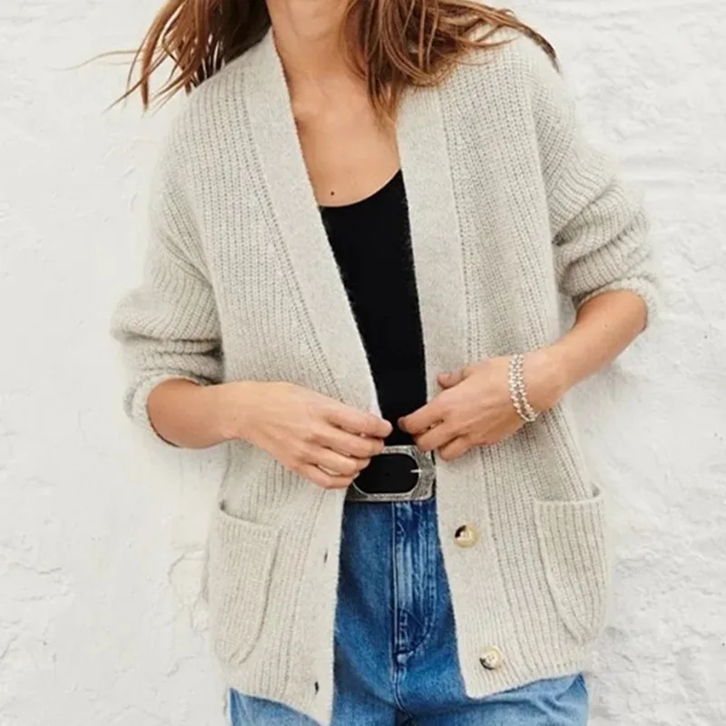 

Women V-neck Knit Cardigan Solid Color Single Breasted Loose Casual Jumper Long Sleeve Knitted Sweater Coat with Pockets