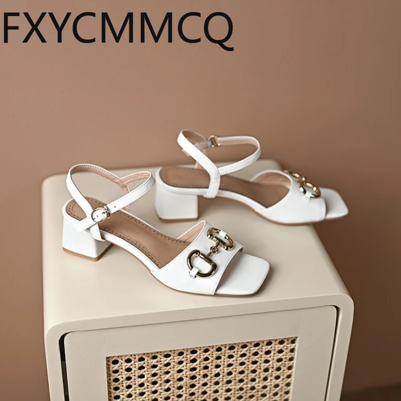 FXYCMMCQ 2023 Women's Summer New Leather Buckle Mid-heel Sandals Size 32-46 23-17A