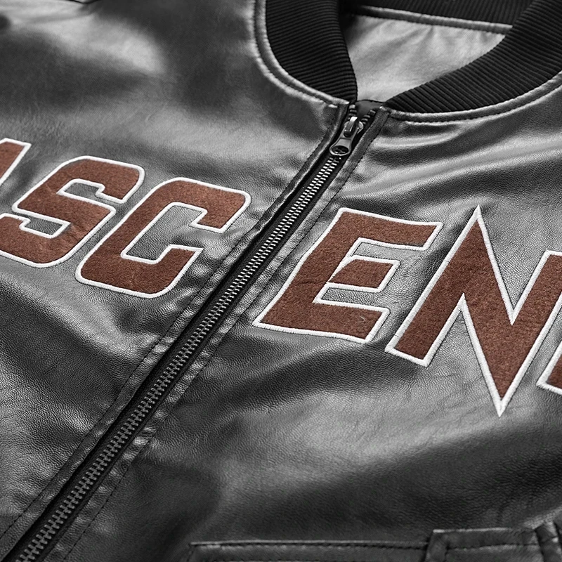 Мужская кожаная куртка из искусственной кожи Черная бейсбольная оверсайз