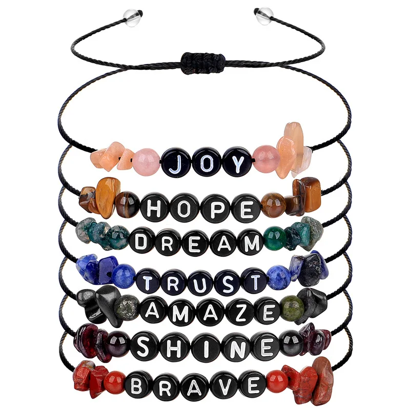 

1pc Charms Handmade Rope Braided Bracelet Letters Gem Stone Chip Beads Bracelet For Men Women Bangles Wristband Jewelry