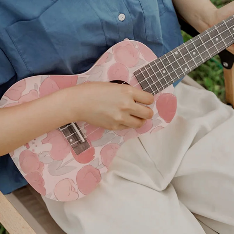 Solid Wooden Child Music Ukulele Acoustic Pink Pattern Mechanical Small Ukulele 23 Inch Finger Picks Chibson Guitar Kit