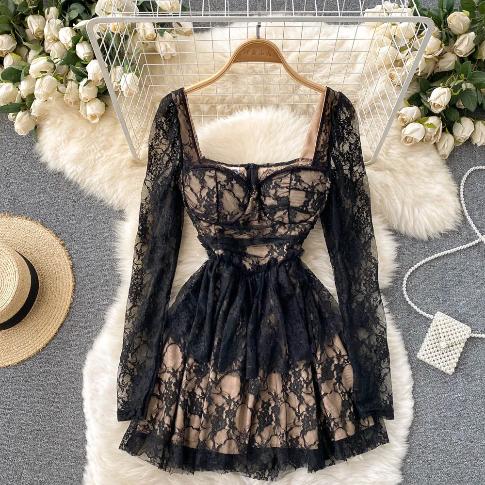 

Hepburn Style French Temperament Square Neck Long Sleeve Dress Women's Waist Is Thin Super Fairy Lace High Waist A-line Dress