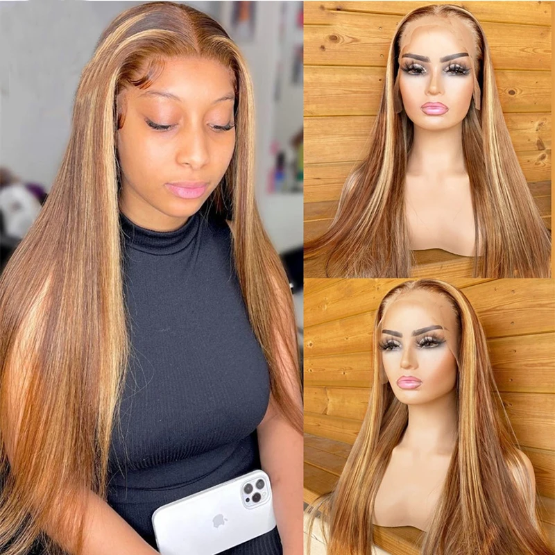 

Soft 28“Long Ombre Honey Blonde Full Lace Wig With 4x4 Silk Base For Black Women Straight Human Hair BabyHair Preplucked Daily