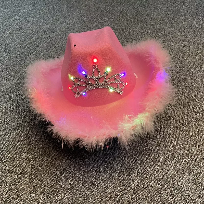Western Style Cowboy Hat Led Pink Women's Fashion Party Cap Warped Wide Brim with Sequin Decoration Crown Tiara Cowgirl Hat