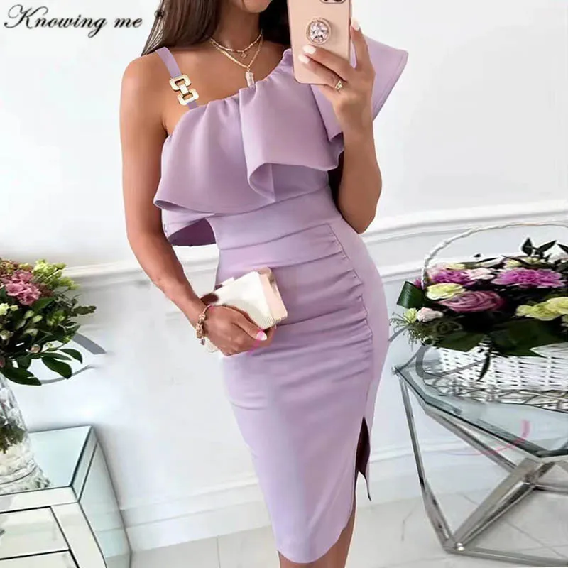 

Элегантное Плиссированное облегающее платье миди с воротником-лодочкой и разрезом, женские летние однотонные платья с оборками, модное обл...