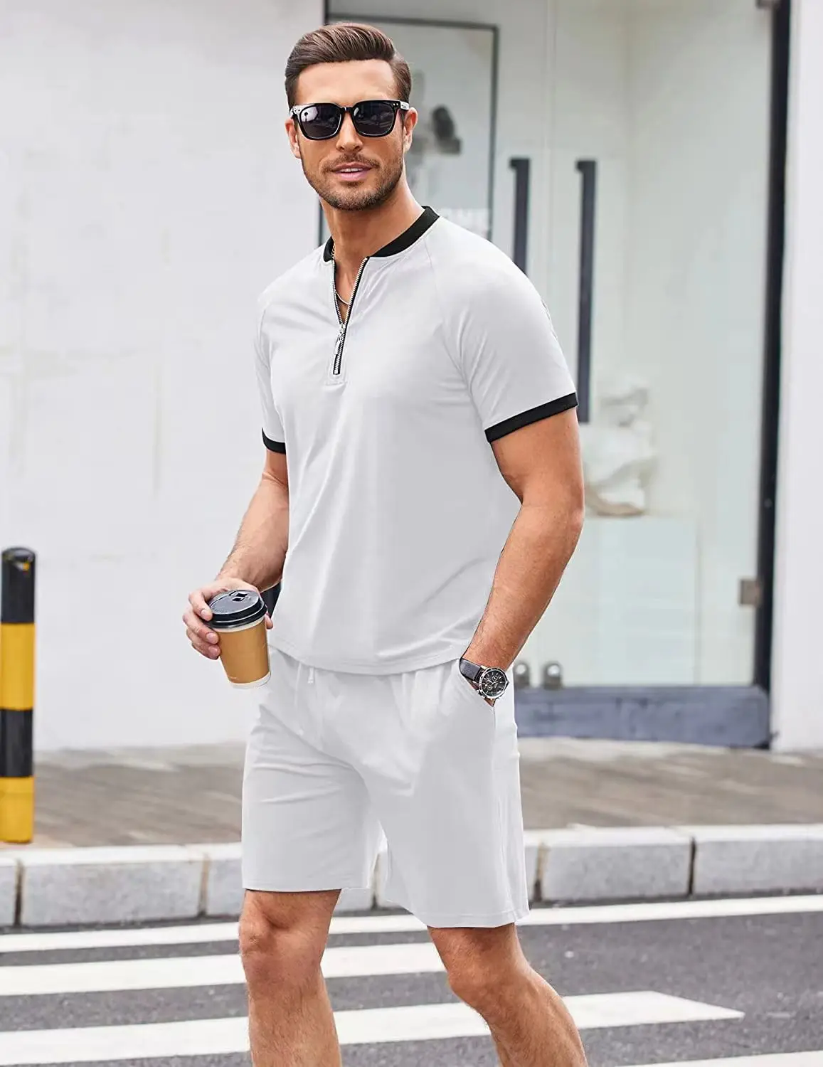 2023 Solid Color Casual Men's Suit Fashion Crewneck Zipper Polo Shirt and Shorts 2-Piece Set Street Men's Clothing Summer