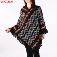 girl striped big pendulum cape women autumn tassel sweater knitted pullover long batwing sleeves outstreet triangle knitwear