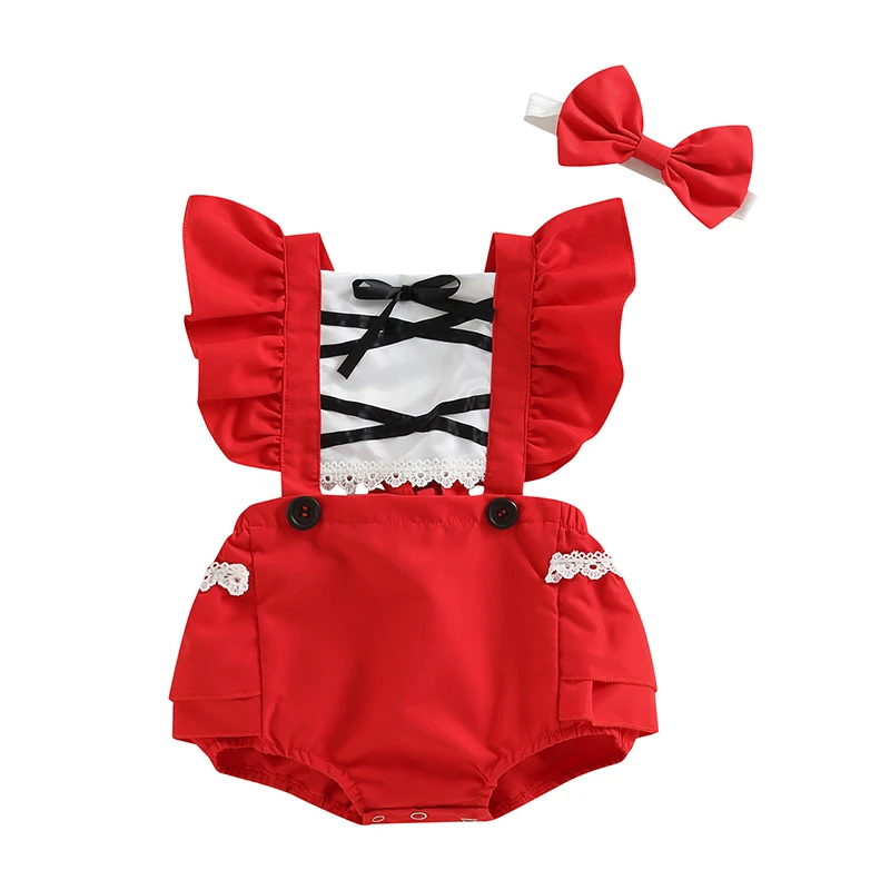 

2 Piece Baby Girl Red Romper Outfit Fly Sleeve Square Neck Ruffle Lace Buttons Decoration Spring Summer Short Jumpsuit +Headband