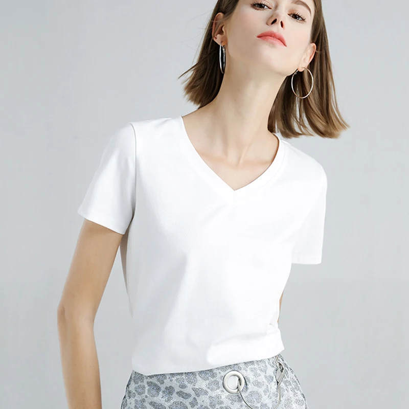 

Summer Women Solid T Shirts 100% Mercerized Cotton V Neck Short Sleeve Tee 2022 Candy Colors Basic Cozy Top Classic Silk T-Shirt