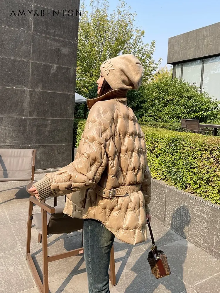 

Winter New Fashion Rhombus Down Cotton-Padded Coat Turtleneck Knitting Stitching Jacket Korean Style Slimming Trendy Parkas