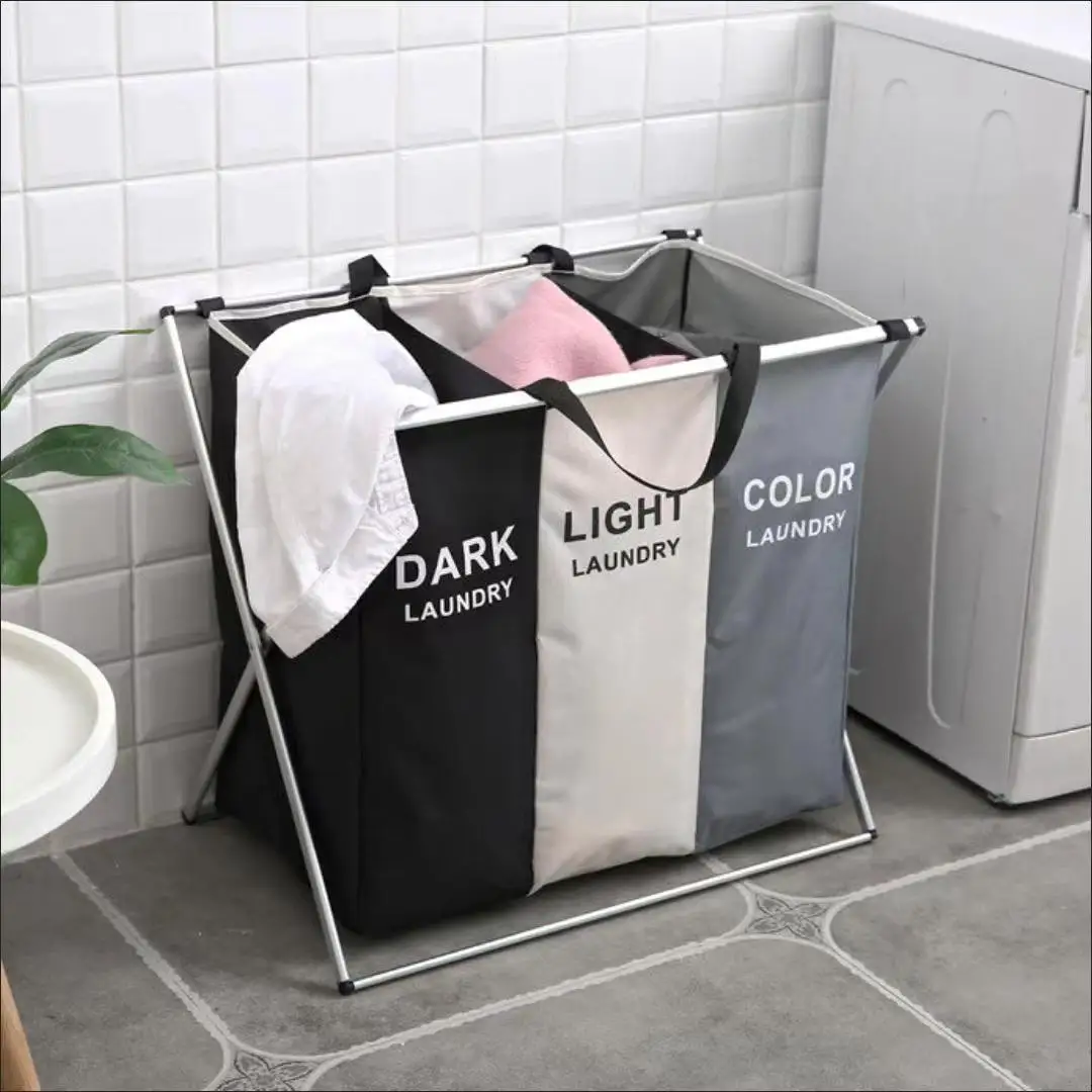 Foldable Laundry Basket Large Capacity Classified Storage Collapsible Basket For Dirty Clothes Three Grid Organizer Home Basket