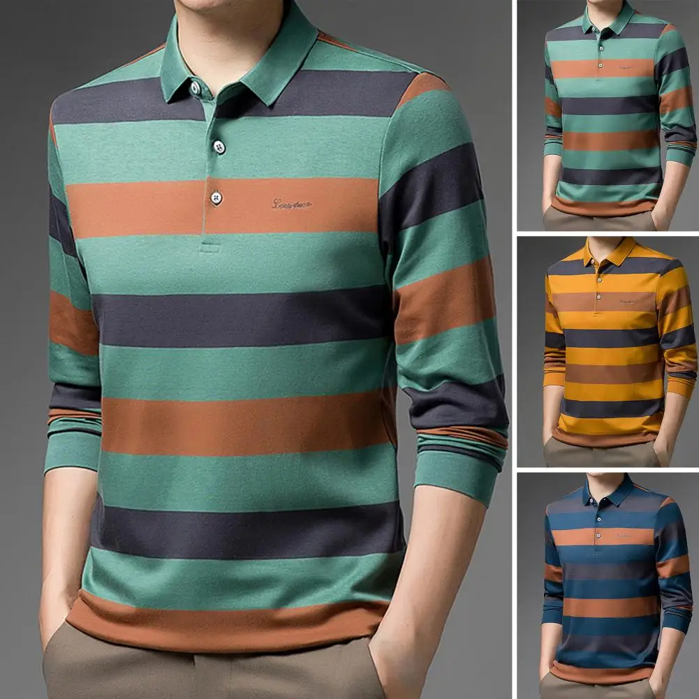 

Stripe Buttons Soft Breathable Men Shirt Contrast Color Long Sleeves Autumn Shirt Soft Turn-down Collar Business Office Tops