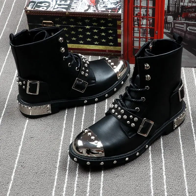 

Spring and Autumnmen's Leather Boots Punk Style Rivet Metal Motorcycle Fashion High Top Short Men Boots Genuine Leather