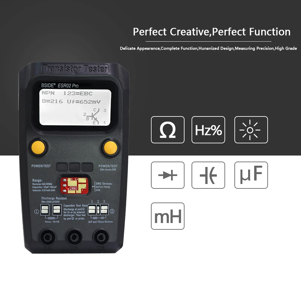 BSIDE ESR02 Pro LCD Display Multi-meter Transistor Tester Diode Triode Capacitor Resistor Test Meter MOSFET NPN PNP Triac MOS