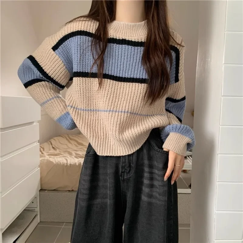 Осень/зима новый полосатый вязаный пуловер свитер для женщин свободный крой
