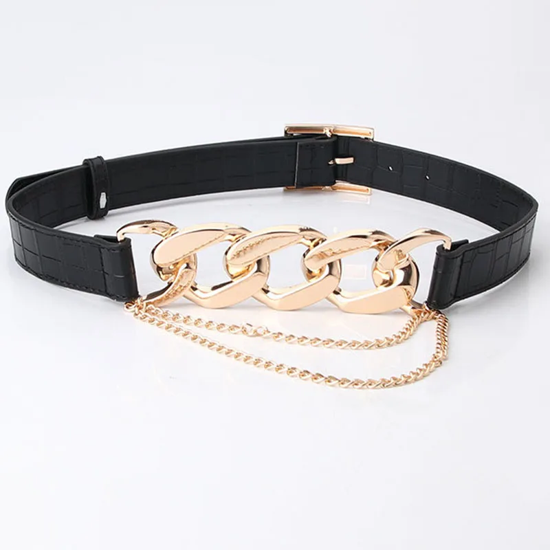 

Fashion Luxury Belt for Women Chic Square Buckle PU Leather with Metal Ring Chain Belt Ladies Leisure Dress Jeans Wild Waistband