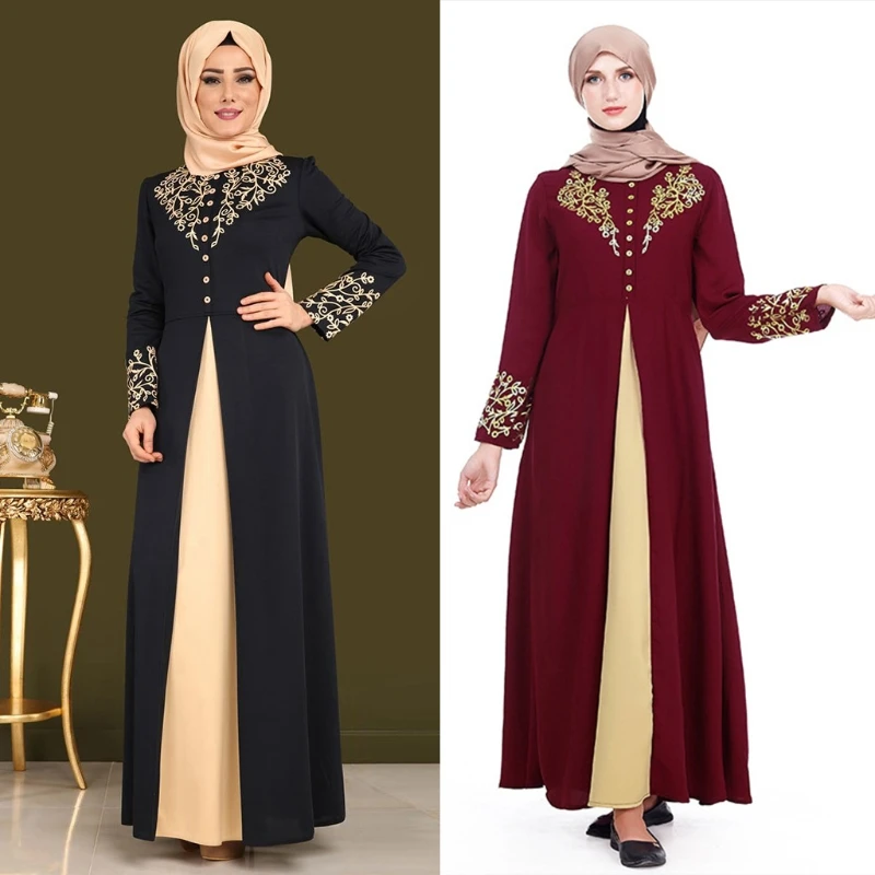 

Printting Fashion Dubai Dresses Patchwork Muslim Robe with Buckle for Women