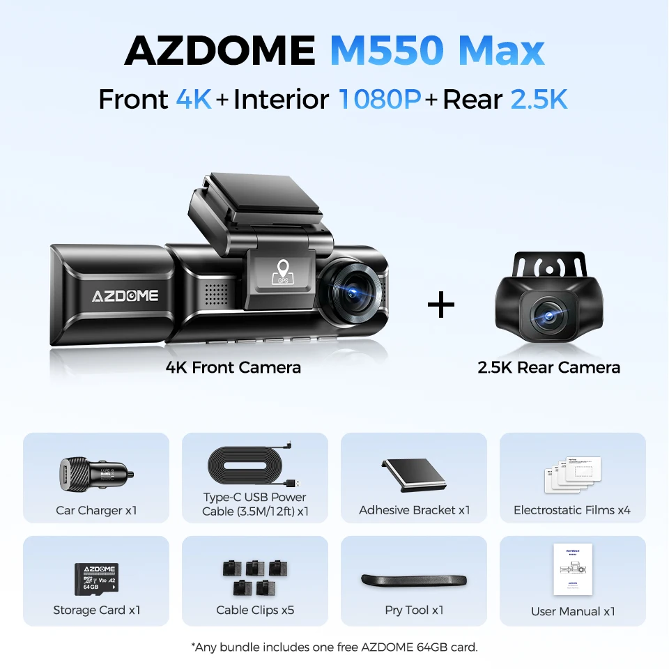 

AZDOME M550 Max Видеорегистратор 4K+1K+2.5K Встроенный GPS WiFi 150FOV Автомобильная камера 24H Монитор парковки Видеорегистратор ночного видения для автомобилей